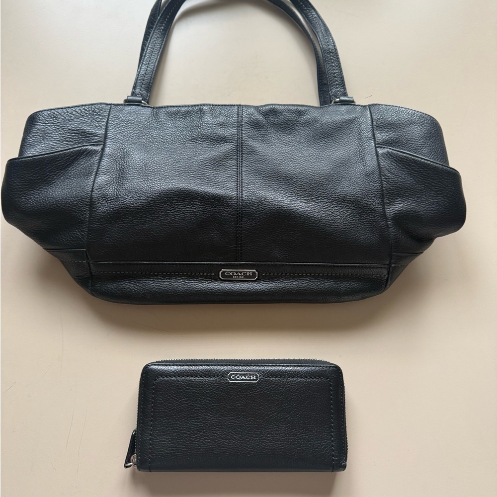Coach Black Pebbled Leather Shoulder Bag with Matching Wallet